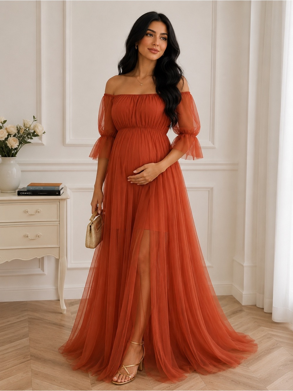 Off-Shoulder Rust Orange Maternity Tulle Gown
